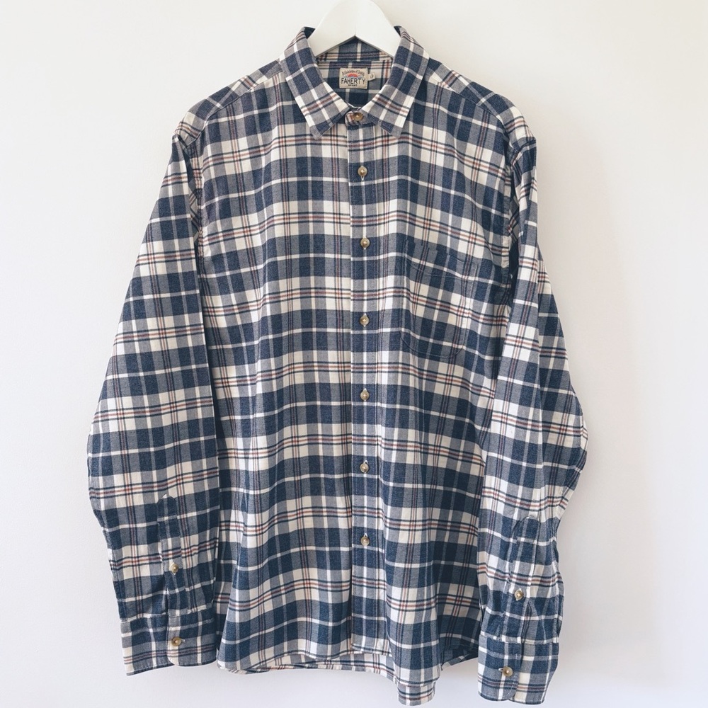 Men’s Faherty Button Down Plaid Shirt Navy Beige Size L Fall Winter